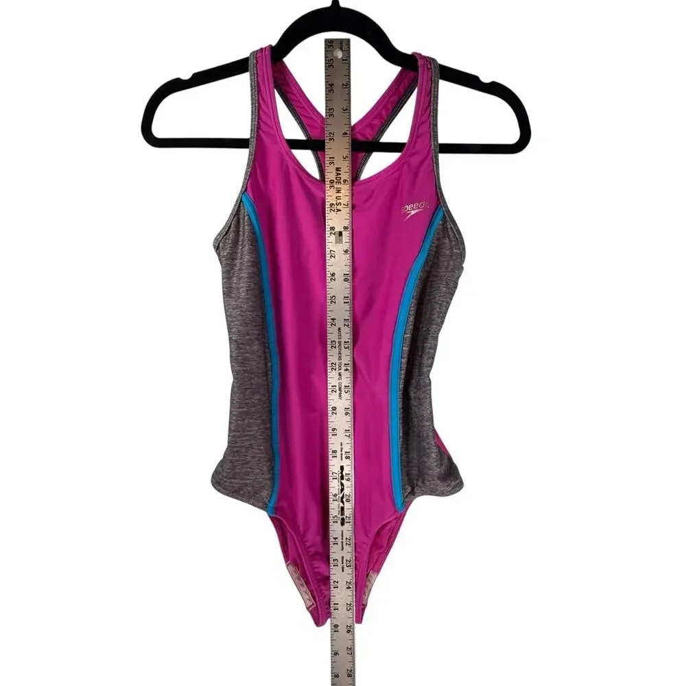 SPEEDO Girls SIZE 14 Fuchsia Pink Gray 1Piece Racerback Sporty Swimsuit Silicone